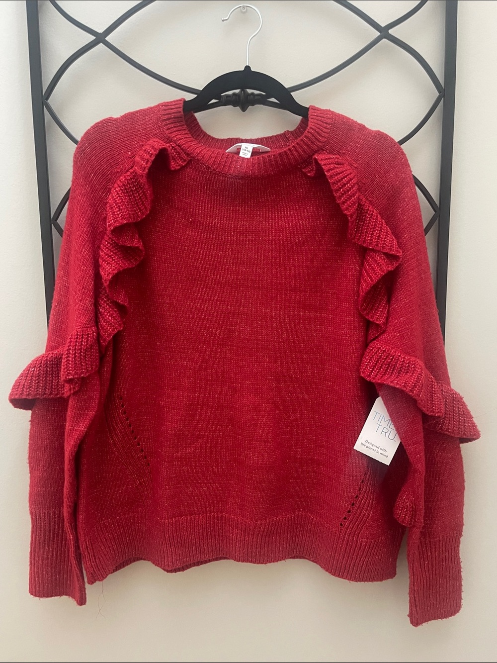 Ruffle-Trim Red Women's Sweater